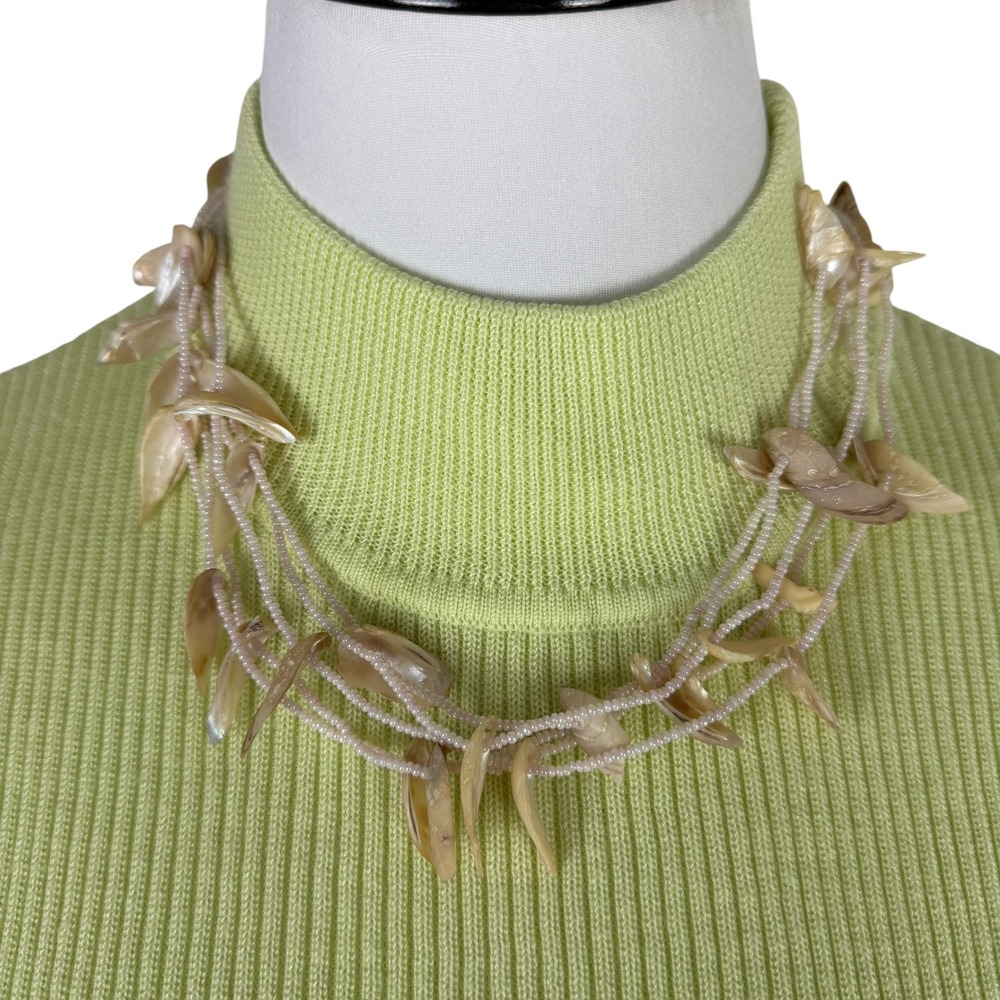 Vintage Multi Strand Shell Shard Seed Bead Necklace Pink Iridescent Coastal 20"